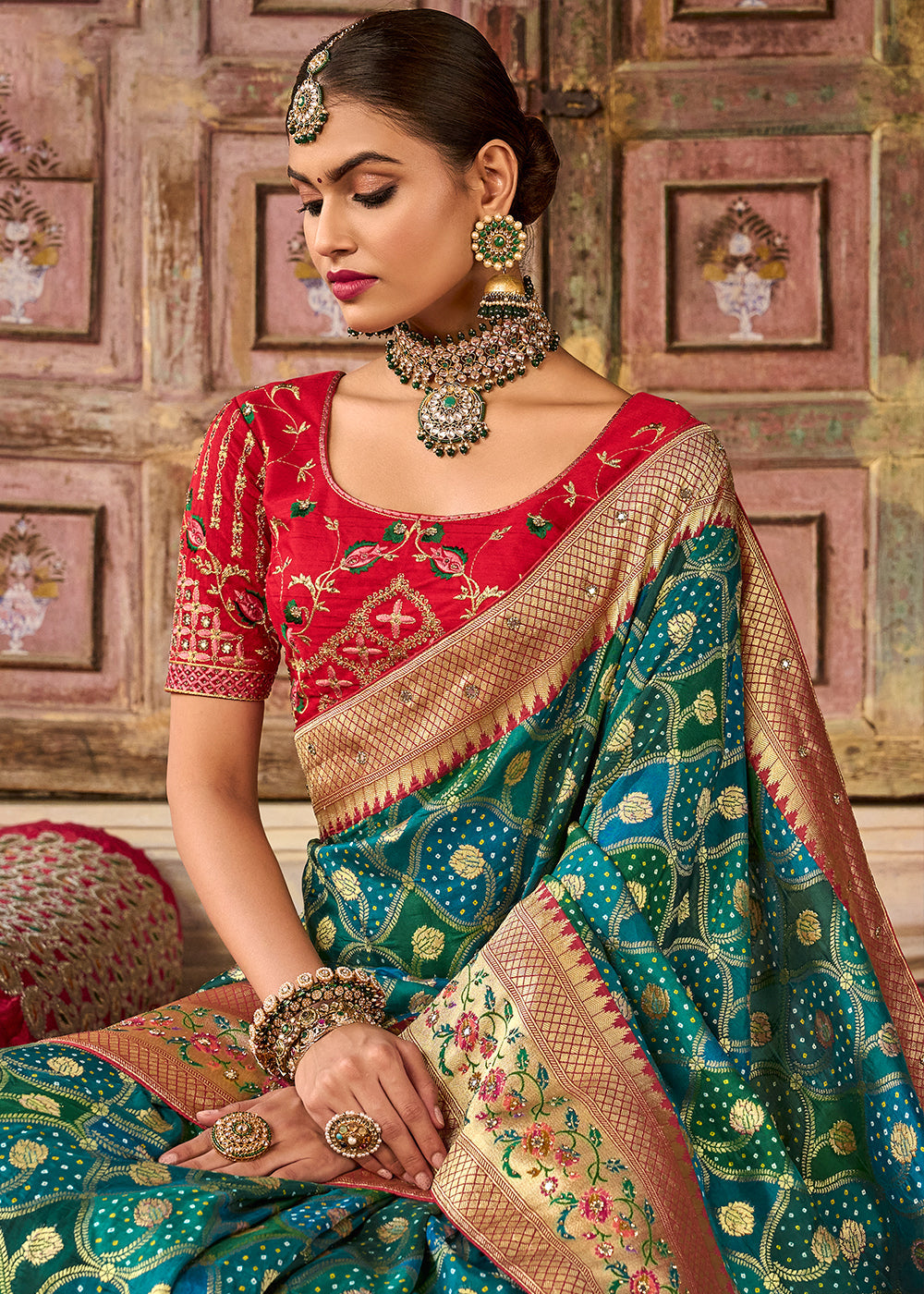 Buy MySilkLove Stromboli Green and Red Patola Printed Dola Silk Saree With Embroidered Blouse Online