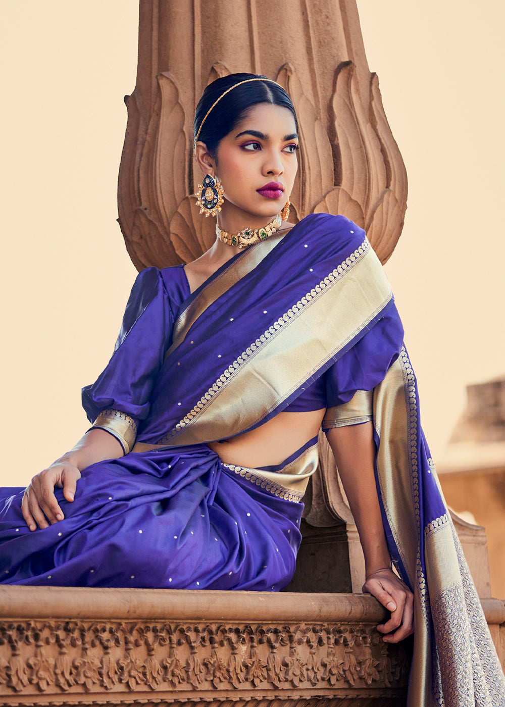 Buy MySilkLove Cosmic Cobalt Blue Woven Banarasi Satin Silk Saree Online