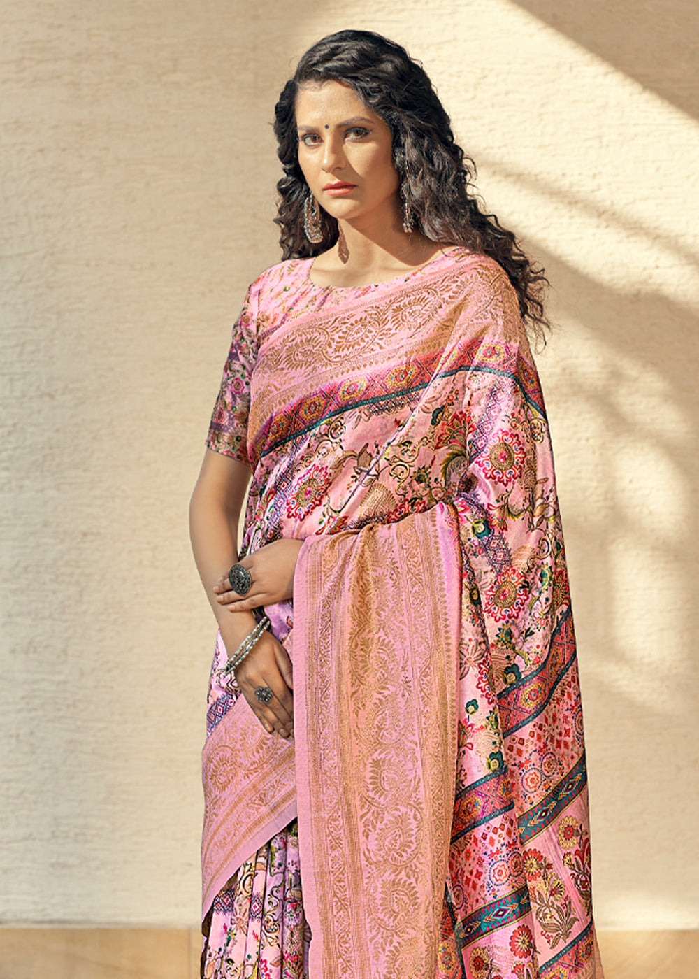 Buy MySilkLove Shimmering Pink Digital Printed Jacquard Silk Saree Online