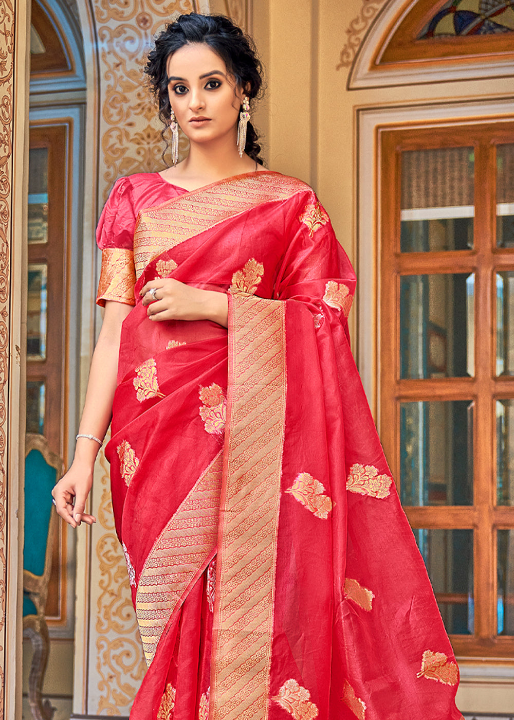 Buy MySilkLove Salmon Reddish Pink Zari Woven Banarasi Organza Saree Online