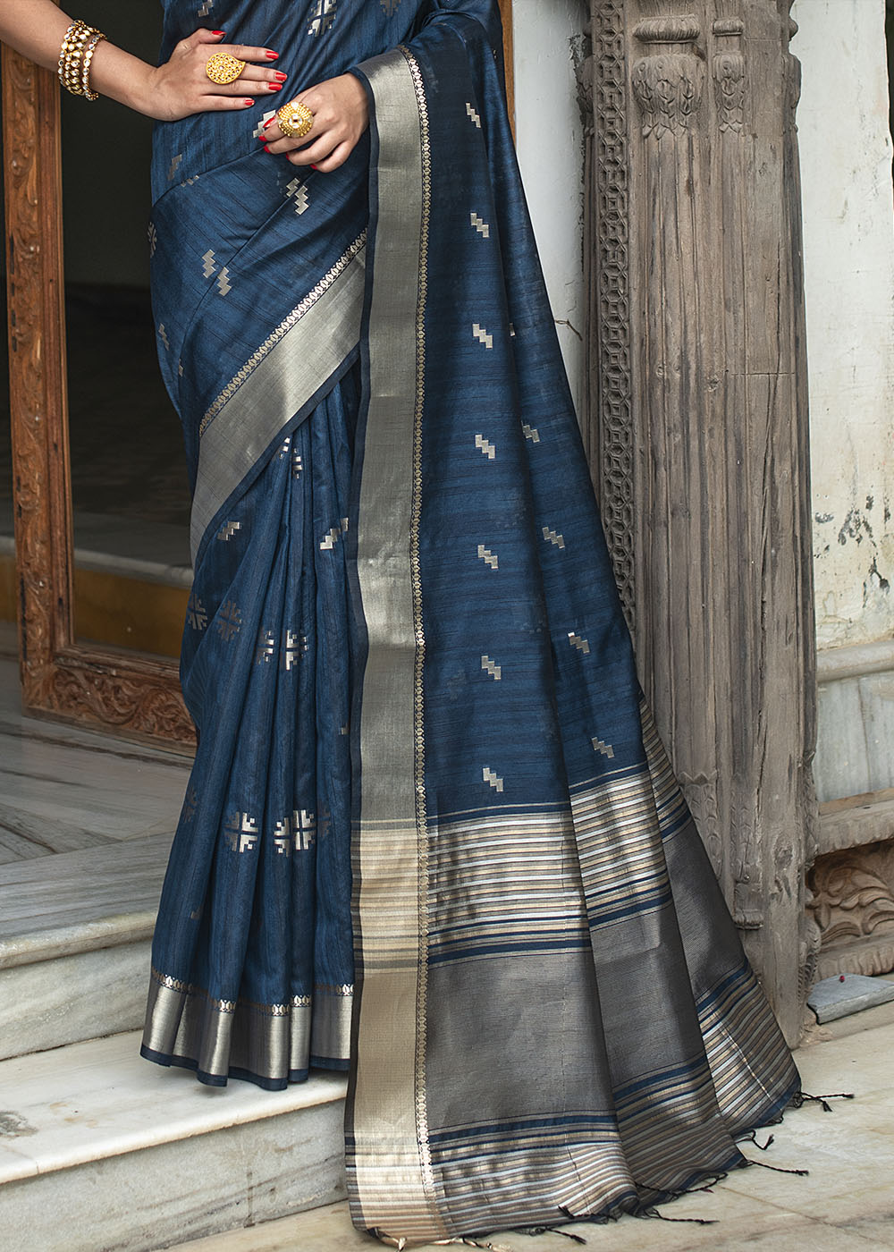 Buy MySilkLove Elephant Blue Zari Woven Tussar Silk Saree Online