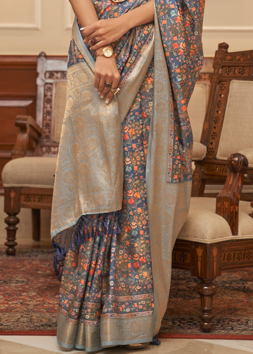 Buy MySilkLove Salt Box Grey Banarasi Digital Printed Saree Online