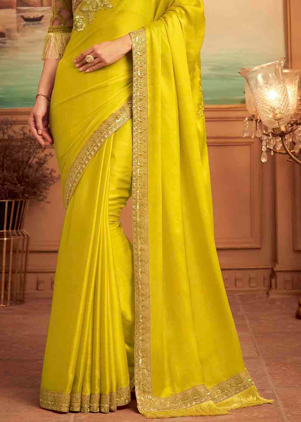 Buy MySilkLove Tulip Tree Yellow Embroidered Satin Silk Designer Saree Online