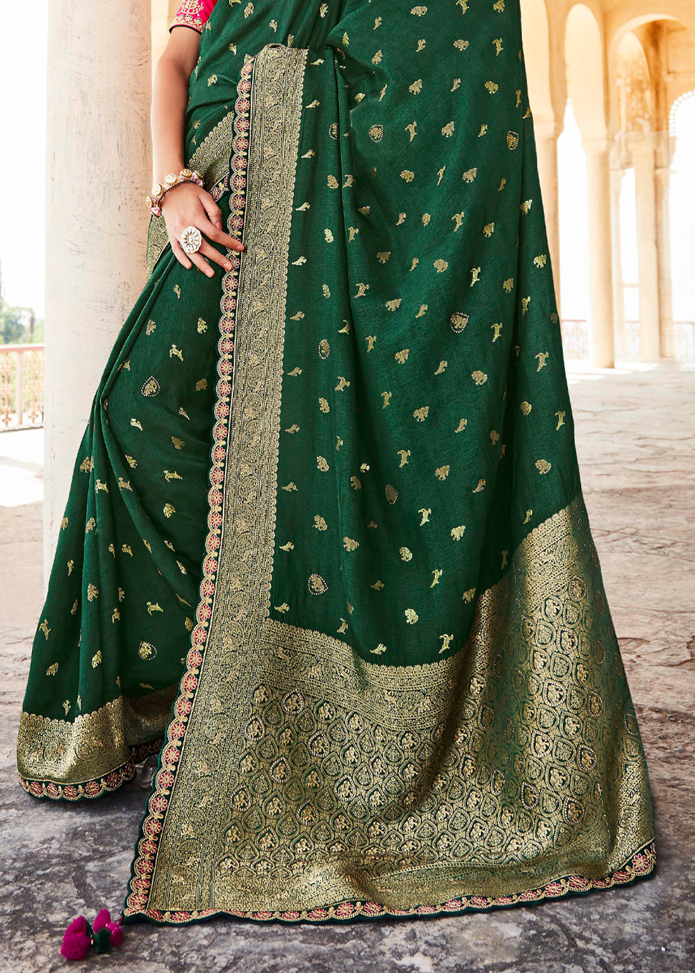 Buy MySilkLove Finlandia Green and Pink Zari Woven Designer Banarasi Saree Online