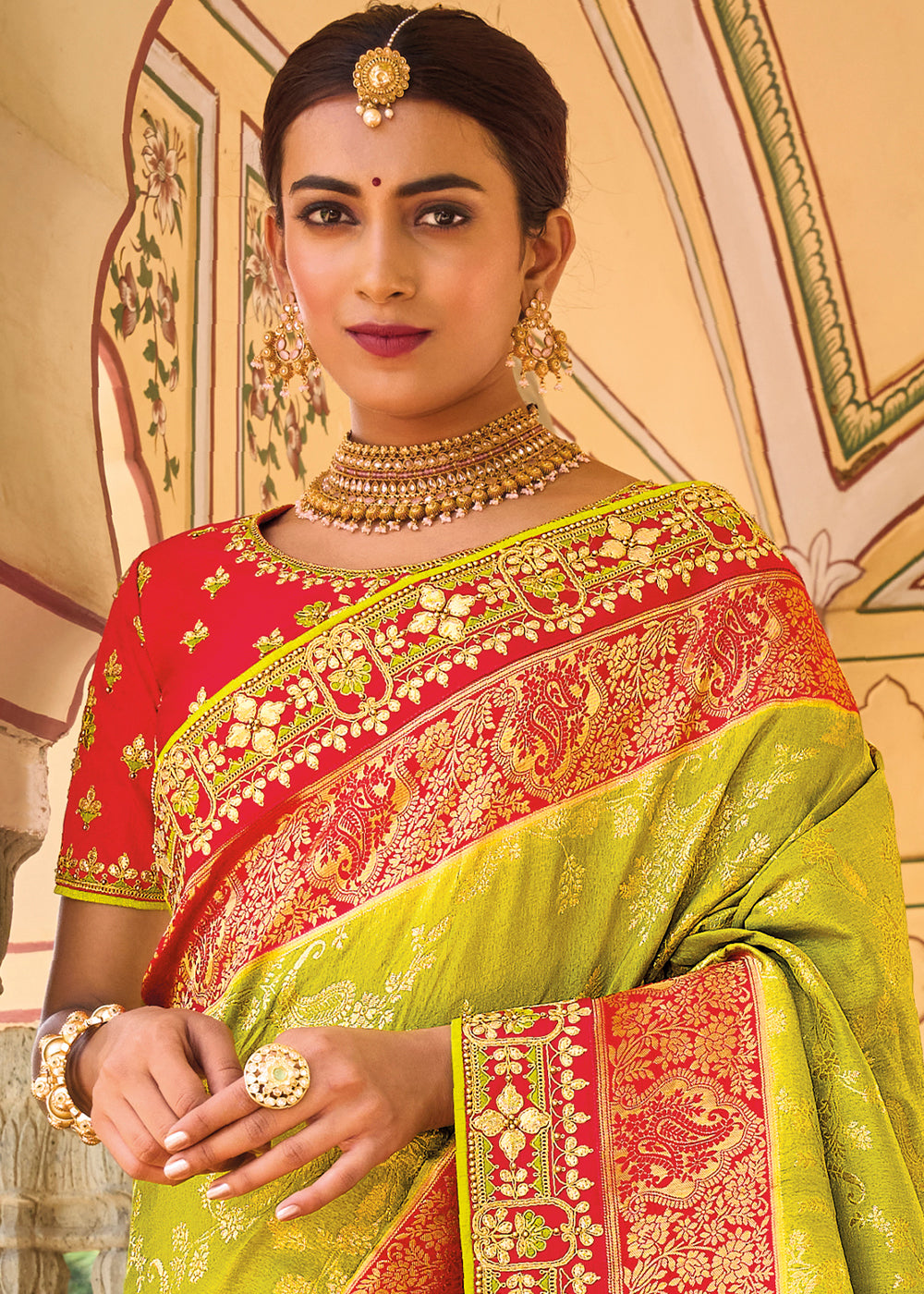 Buy MySilkLove Anzac Green and Red Embroidered Dola Silk Saree Online