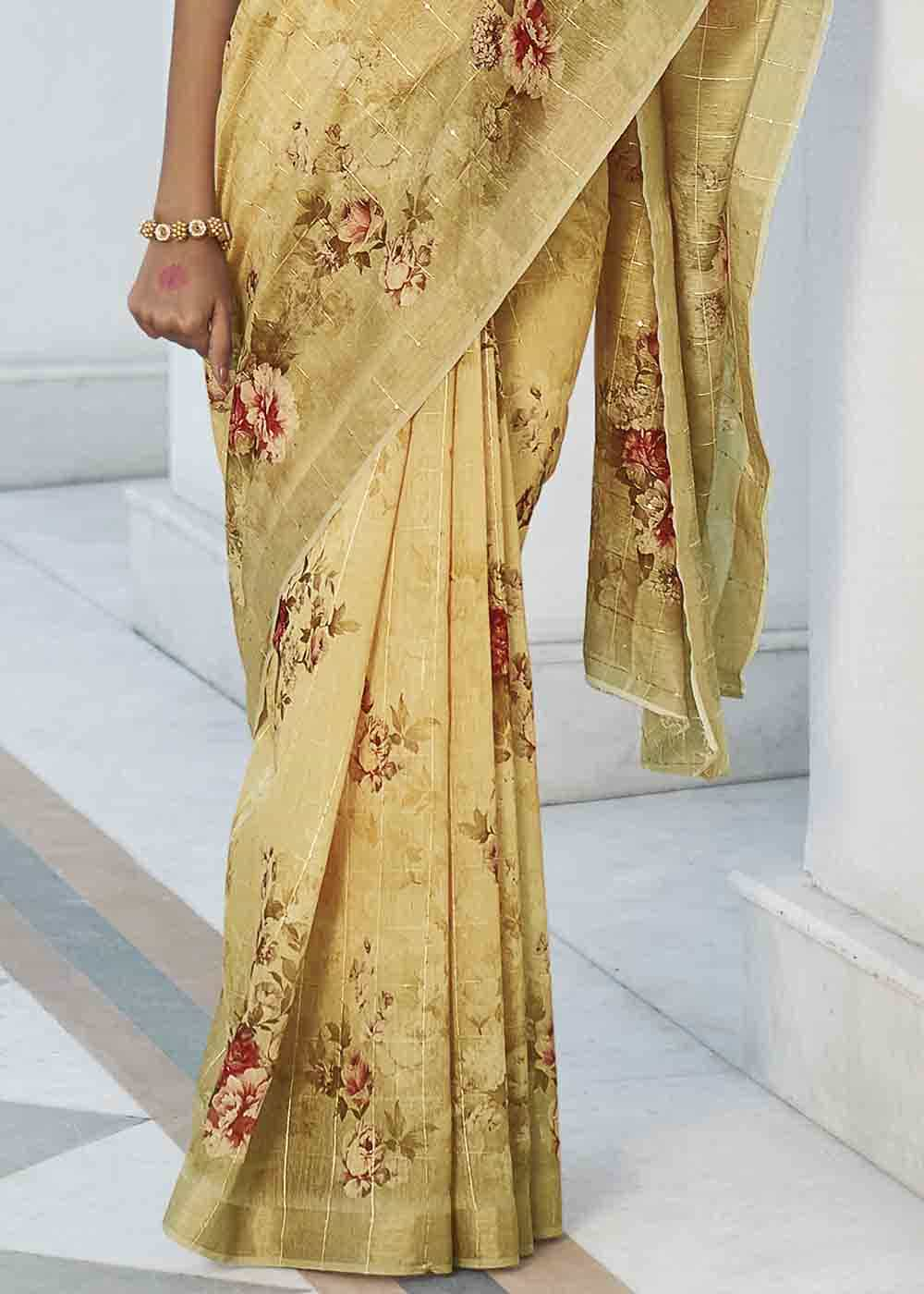 Buy MySilkLove Buttermilk Yellow Digital Floral Printed Saree Online