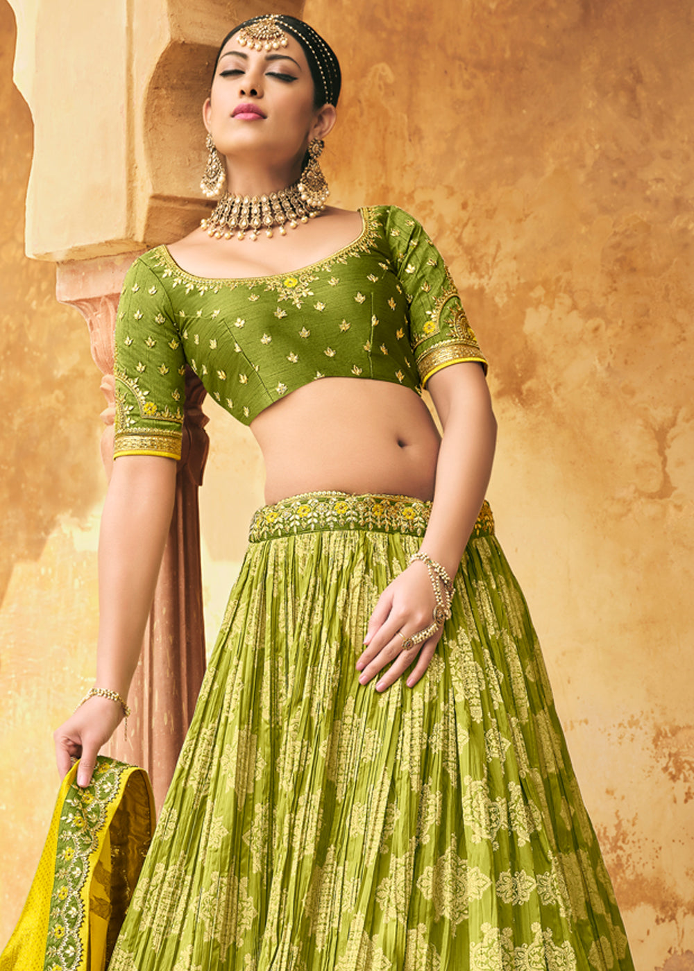 Buy MySilkLove Olivetone Green Heavy Embroidered Lehenga Online