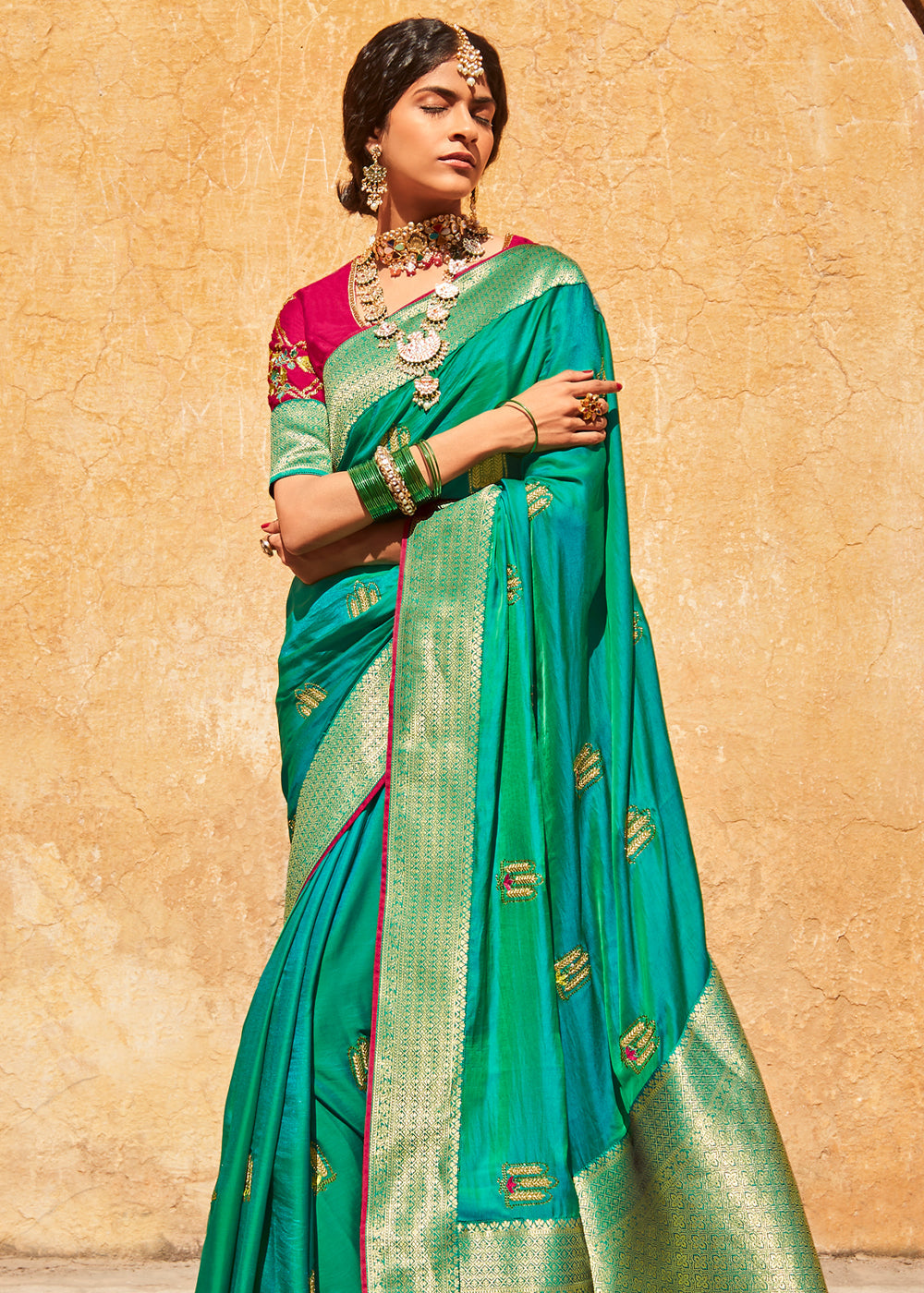 Buy MySilkLove Pine Green and Pink Zari Woven Designer Banarasi Saree Online