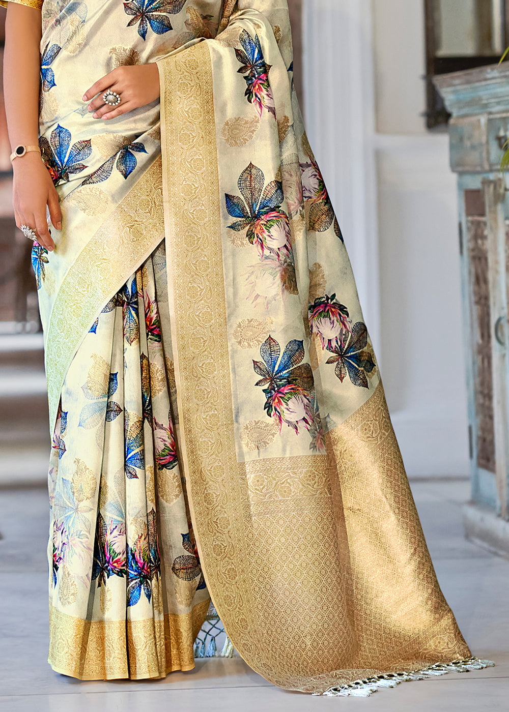 Buy MySilkLove Mint Julep Cream Digital Printed Banarasi Saree Online