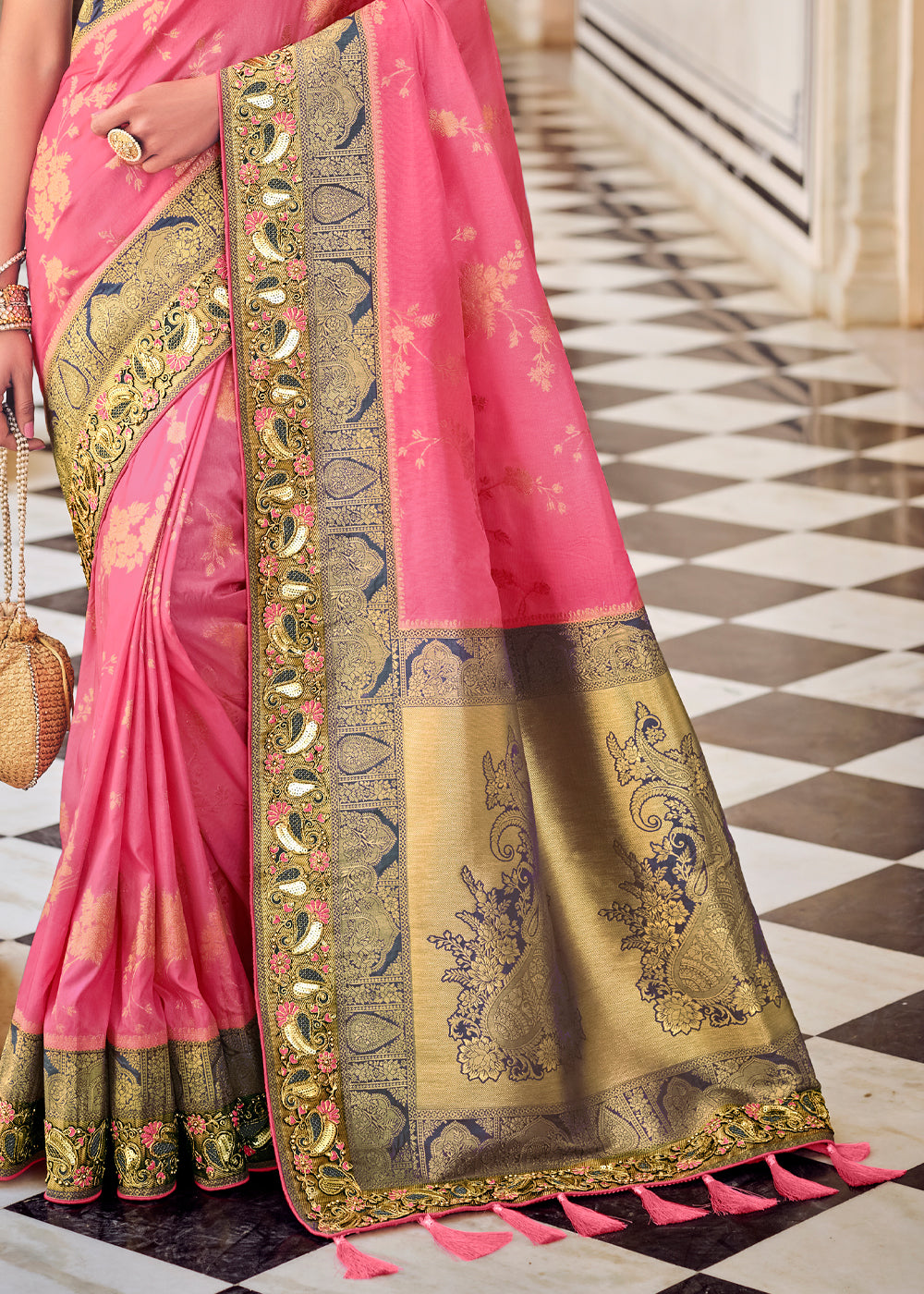 Buy MySilkLove Candy Pink and Grey Zari Woven Designer Banarasi Saree Online