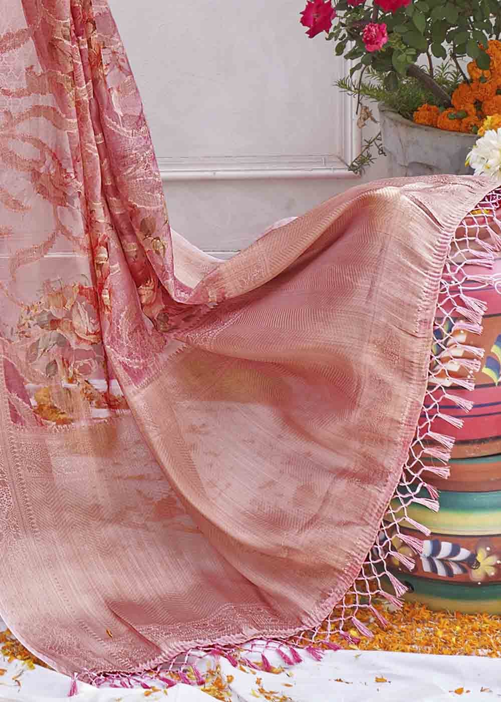 Buy MySilkLove Copper Penny Pink Digital Printed Organza Silk Saree Online