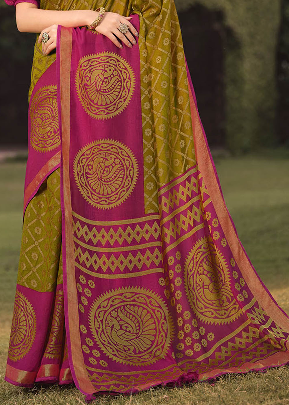 Buy MySilkLove Marigold Green and Pink Soft Brasso Silk Saree Online