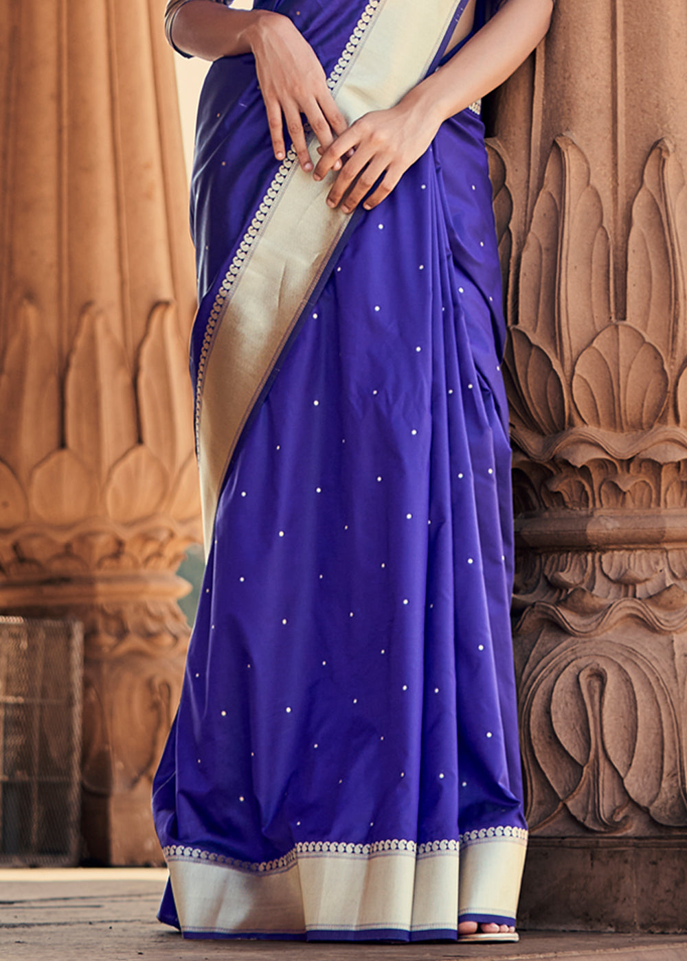 Buy MySilkLove Cosmic Cobalt Blue Woven Banarasi Satin Silk Saree Online