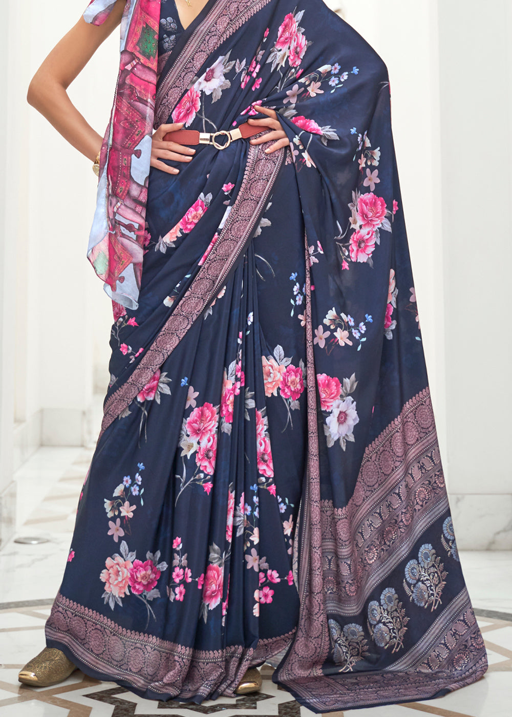 Buy MySilkLove Bright Blue Kalamkari Printed Crepe Saree Online