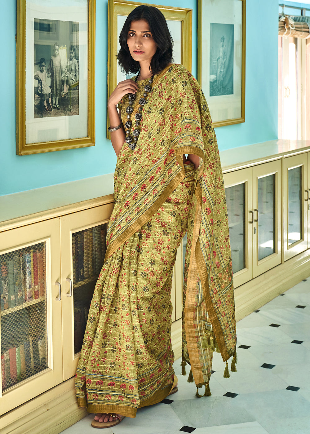 Buy MySilkLove Laser Green Printed Linen Saree Online