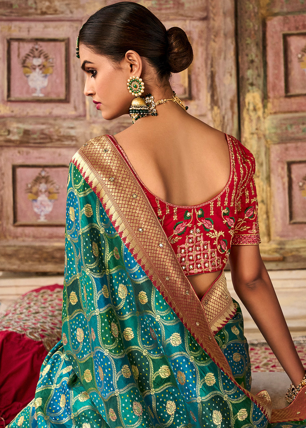 MySilkLove Stromboli Green and Red Patola Printed Dola Silk Saree With Embroidered Blouse