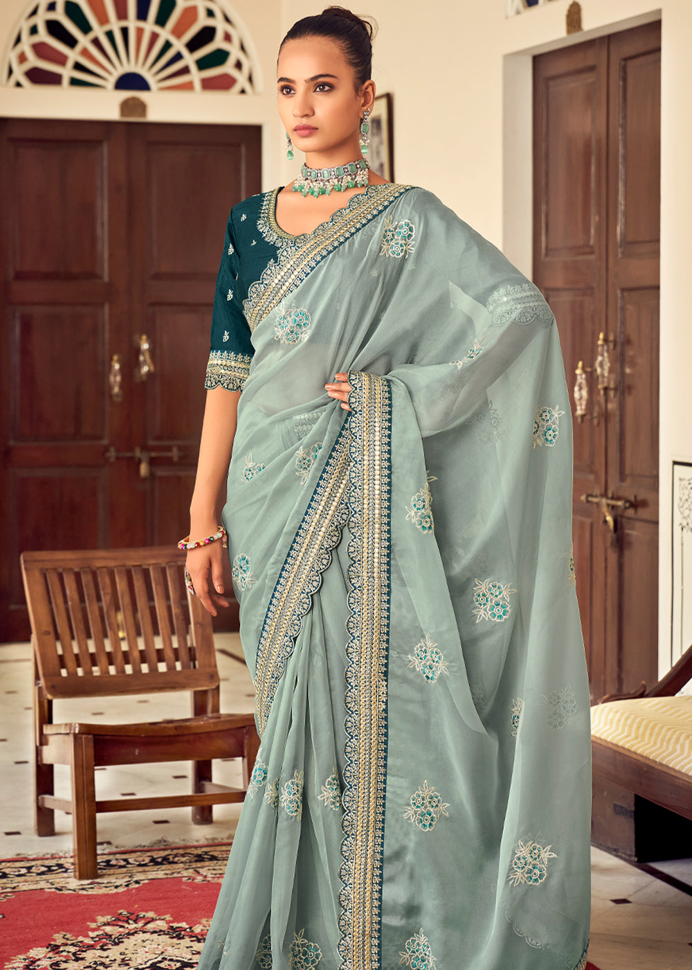 Buy MySilkLove Stack Blue Woven Banarasi Georgette Silk Saree Online