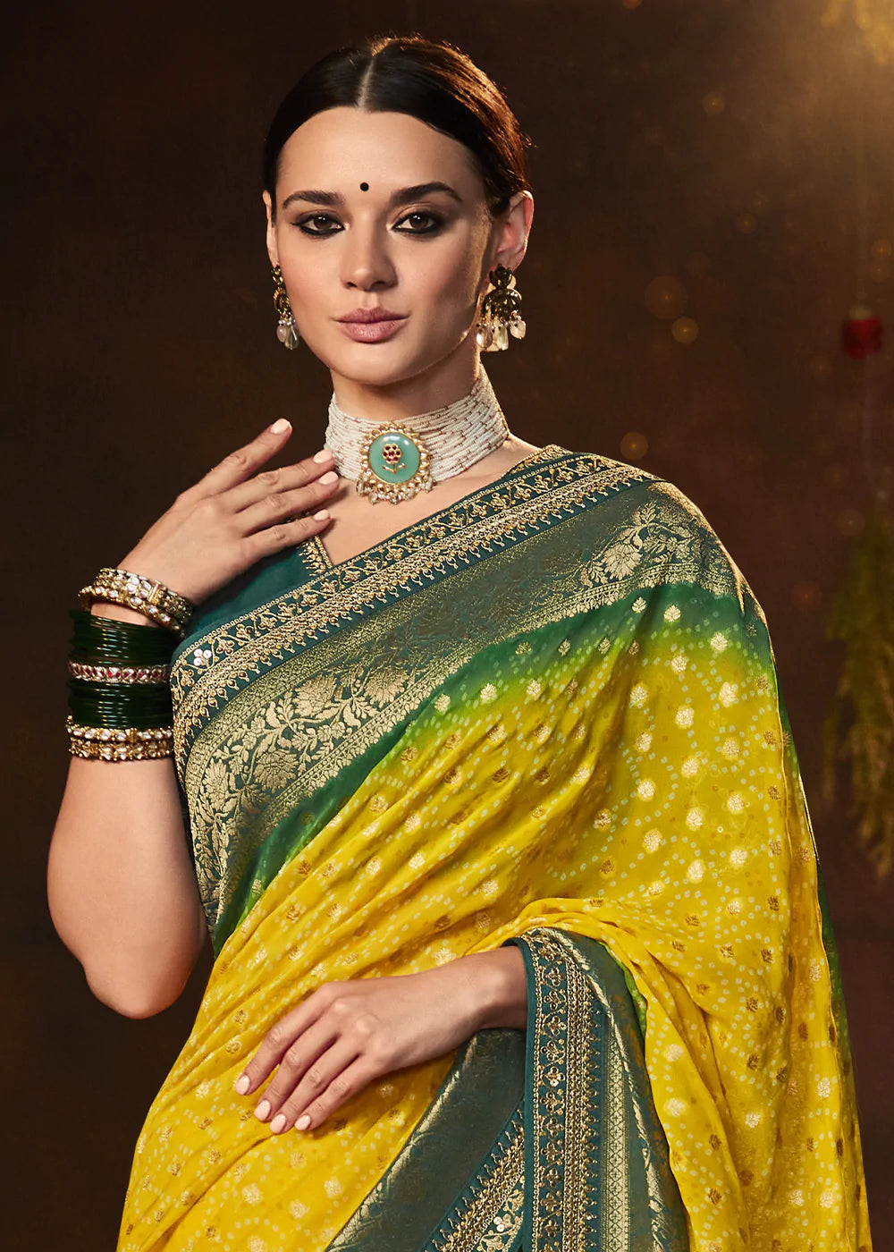 Buy MySilkLove Yellow and Green Handloom Georgette Saree with Embroidered Blouse Online