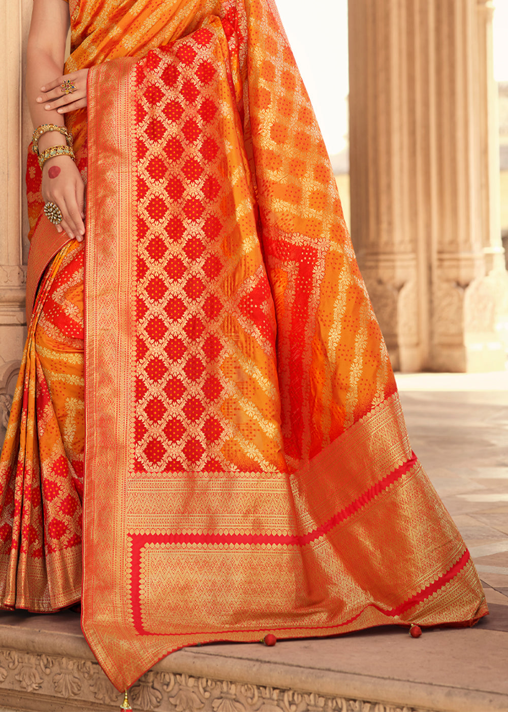 Buy MySilkLove Texas Orange and Red Zari Woven Banarasi Saree with Designer Blouse Online