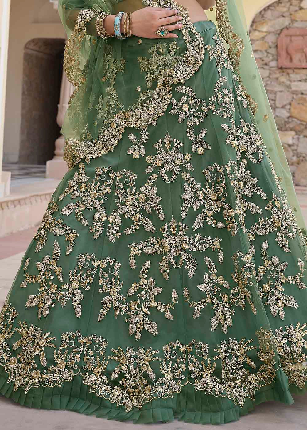 Buy MySilkLove Gray Green Soft Net Designer Lehenga Choli With Dori & Sequins Work Online