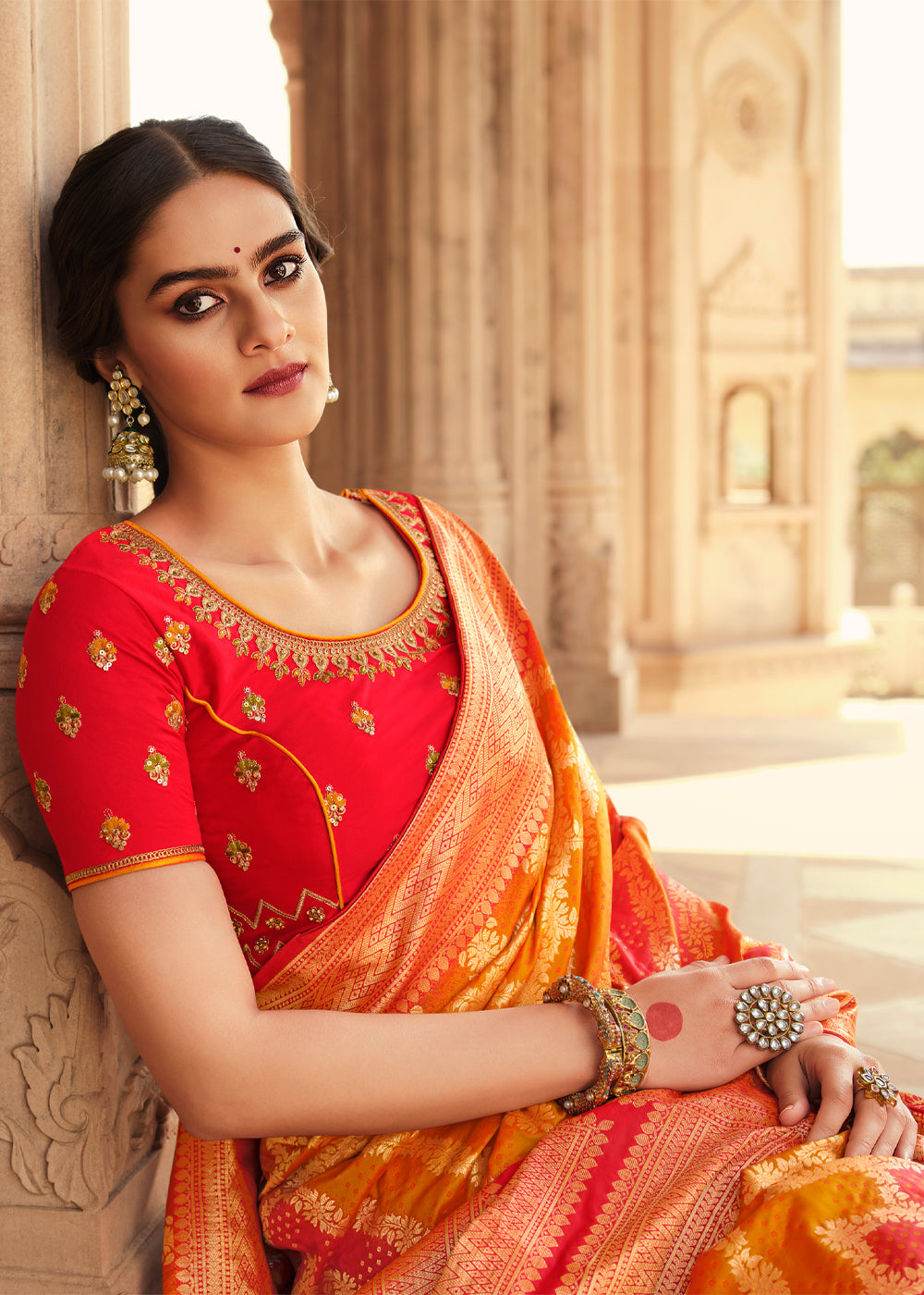 Buy MySilkLove Texas Orange and Red Zari Woven Banarasi Saree with Designer Blouse Online