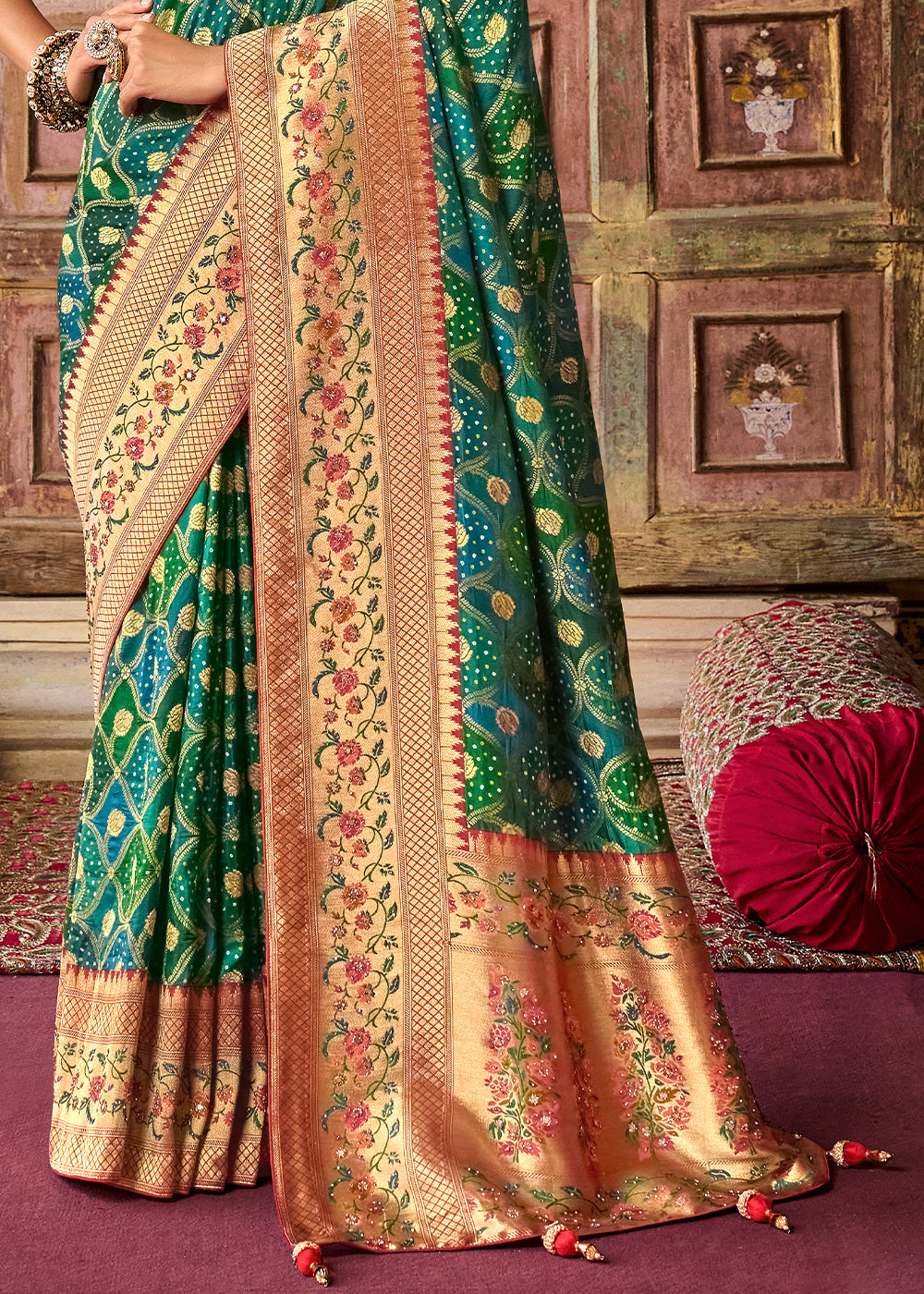 Buy MySilkLove Stromboli Green and Red Patola Printed Dola Silk Saree With Embroidered Blouse Online