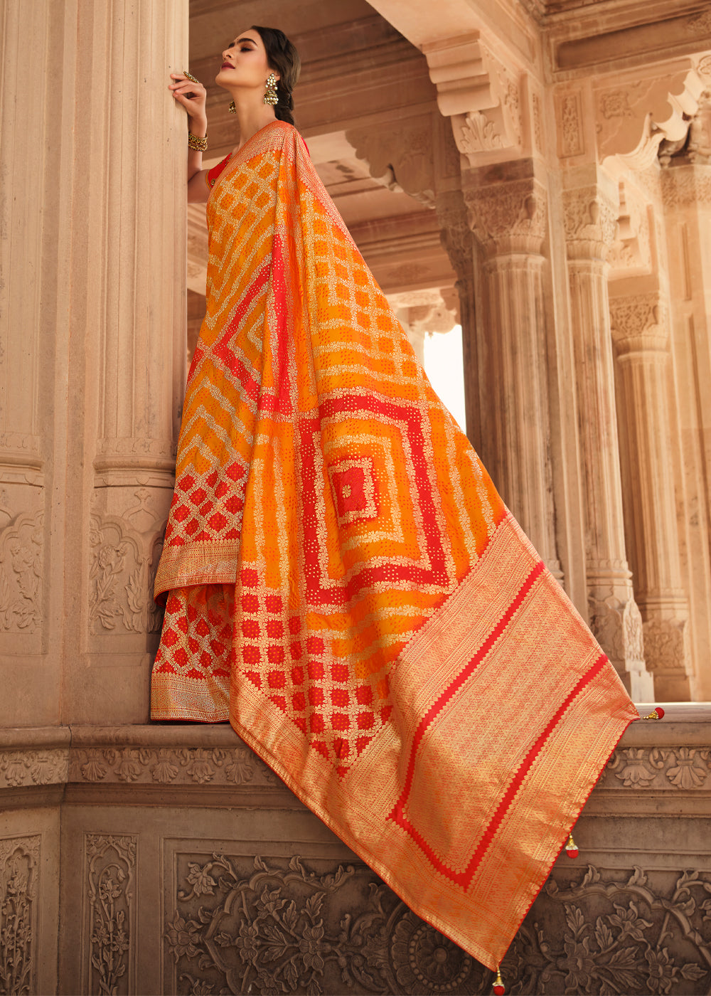 Buy MySilkLove Texas Orange and Red Zari Woven Banarasi Saree with Designer Blouse Online