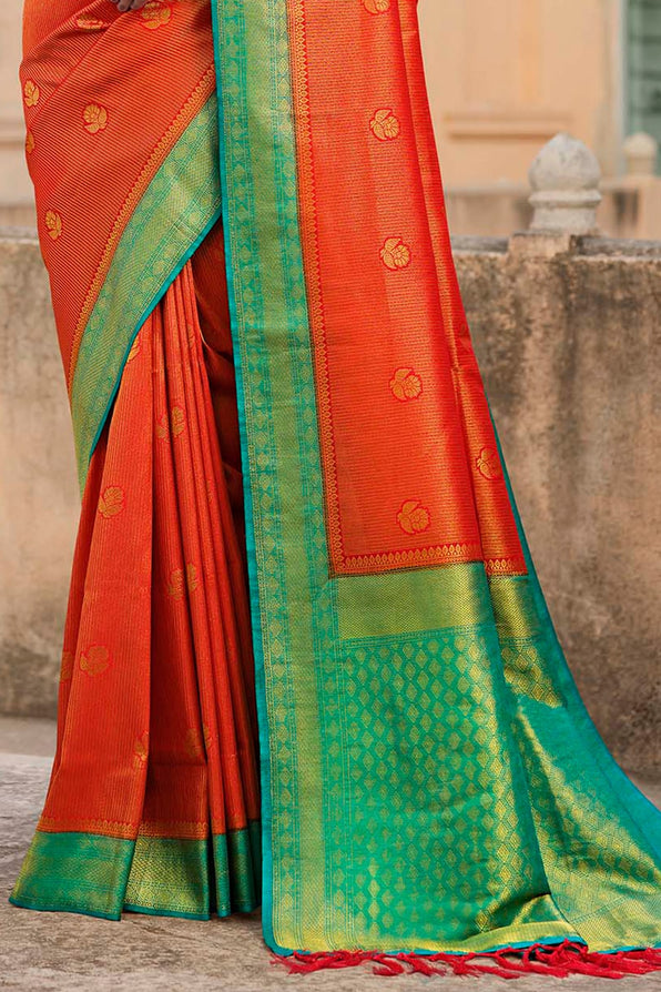 Buy MySilkLove Sunset Orange and Blue Zari Woven Kanjivaram Saree Online