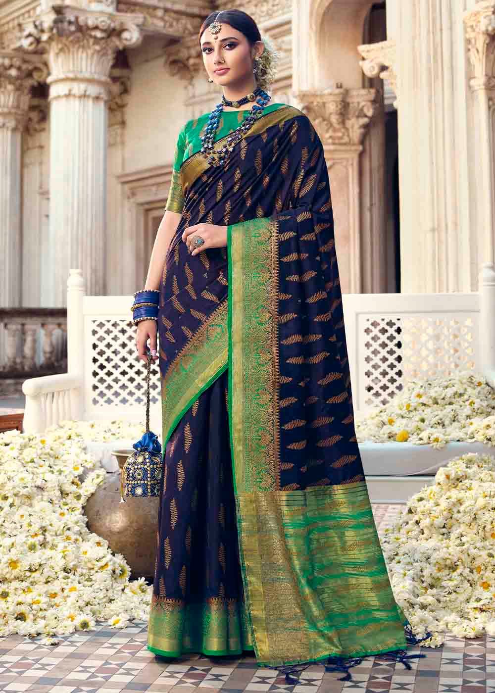 Buy MySilkLove Martinique Blue and Green Zari Woven Banarasi Raw Silk Saree Online