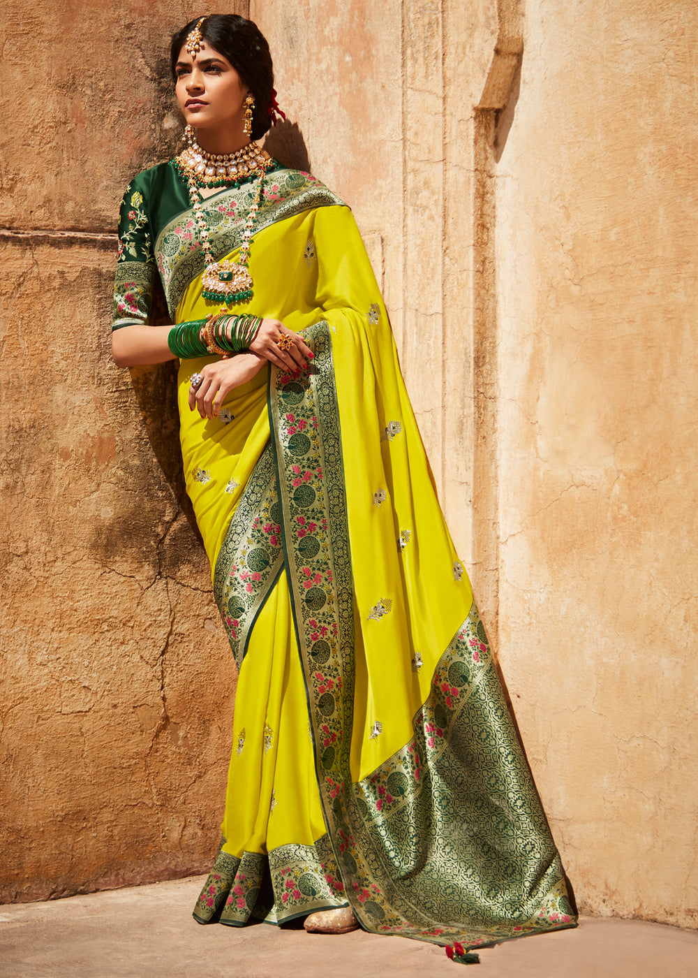 Buy MySilkLove Sunflower Yellow and Green Zari Woven Designer Banarasi Saree Online