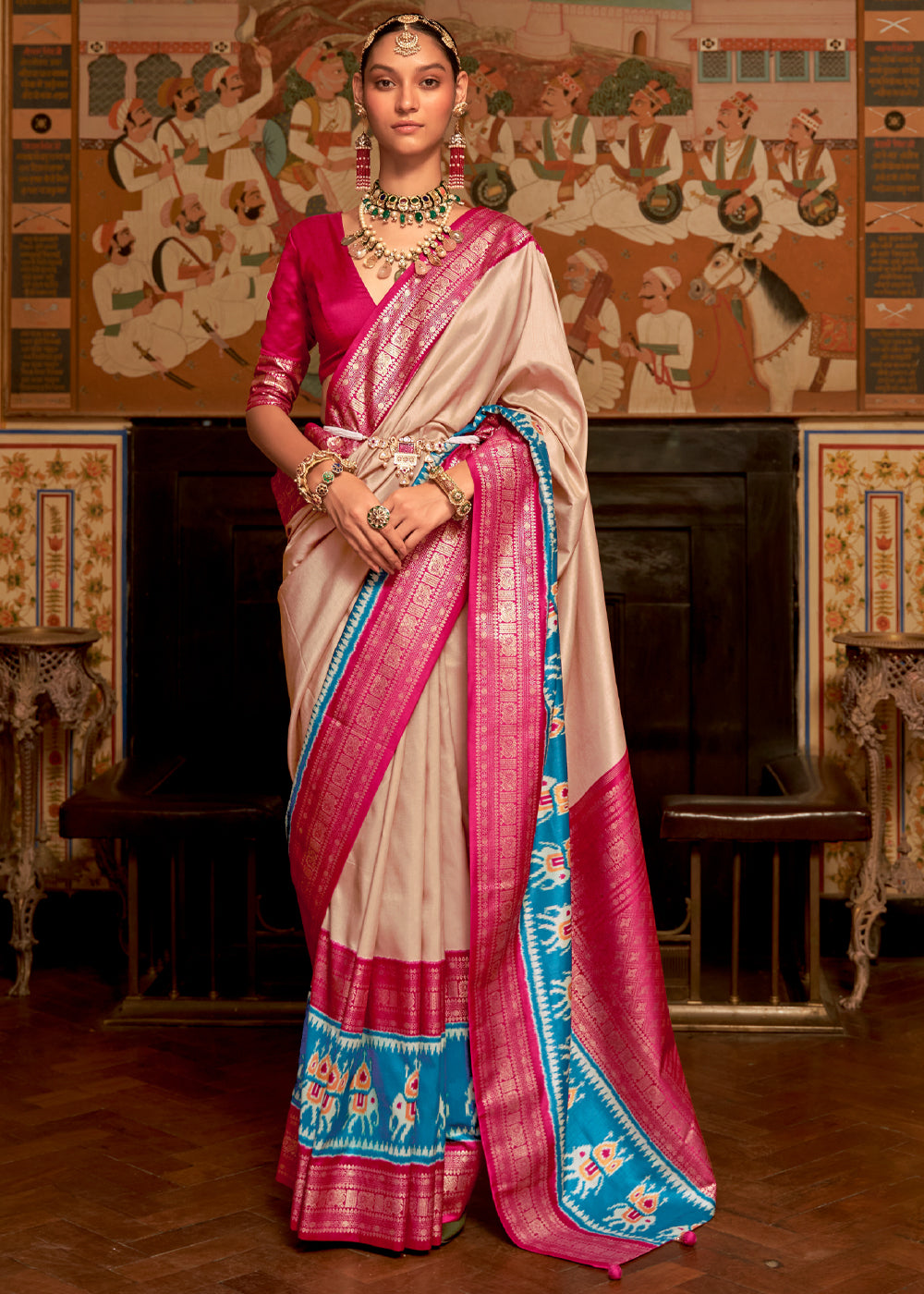 Buy MySilkLove Cameo Beige and Pink Banarasi Patola Saree Online