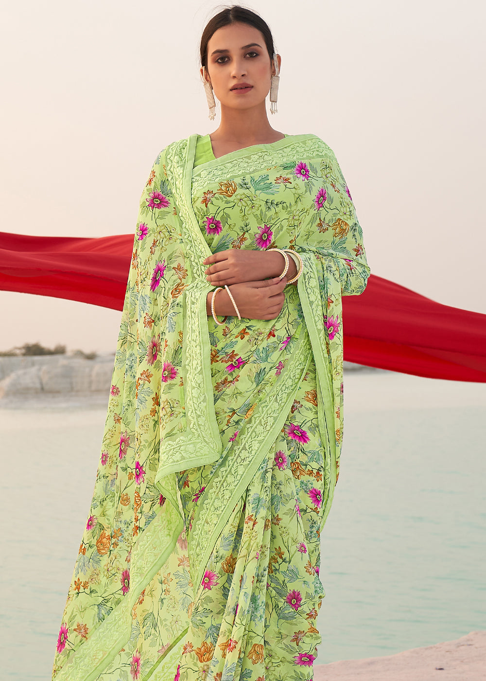 Buy MySilkLove Willow Green Digital Printed Chiffon Saree Online