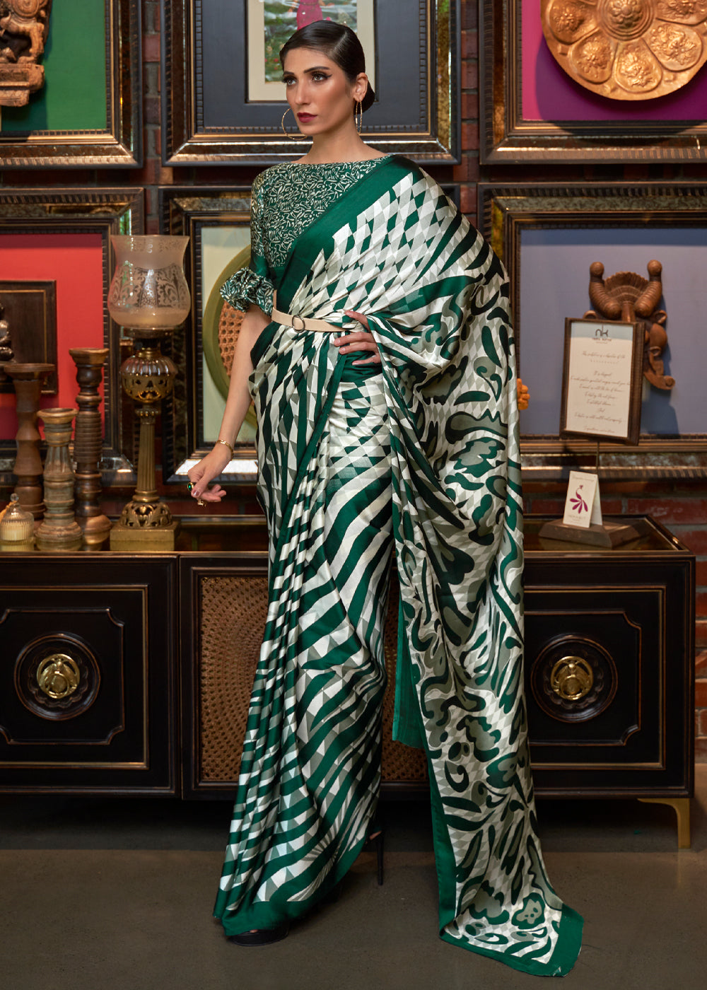 Buy MySilkLove Casal White and Green Printed Satin Silk Saree Online