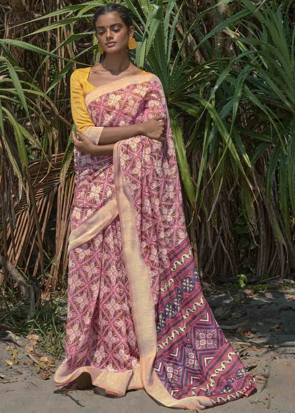 Buy MySilkLove Turkish Pink and Yellow Printed Cotton Saree Online