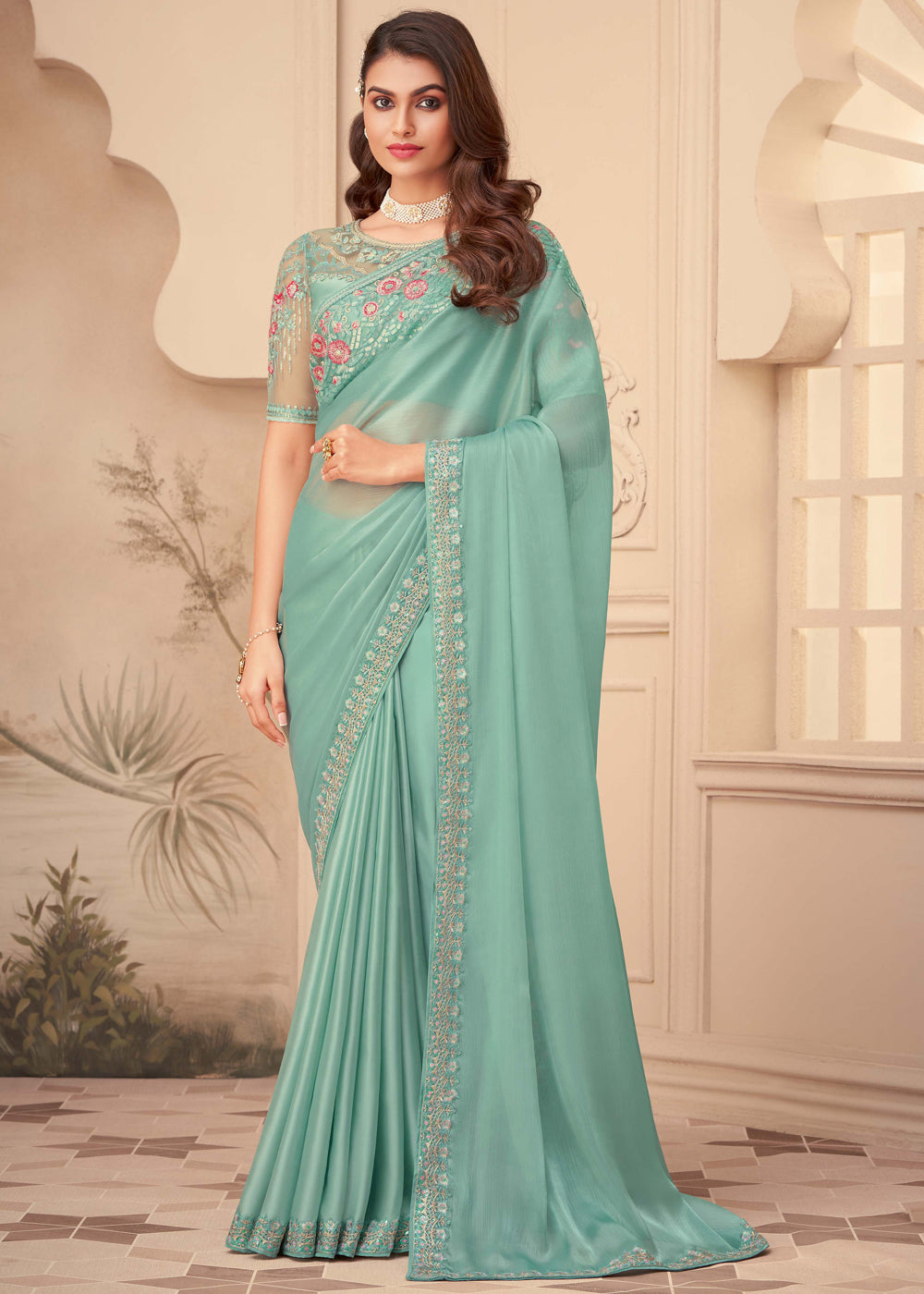 Buy MySilkLove Summer Green Georgette Designer Saree with Embroidered Blouse Online