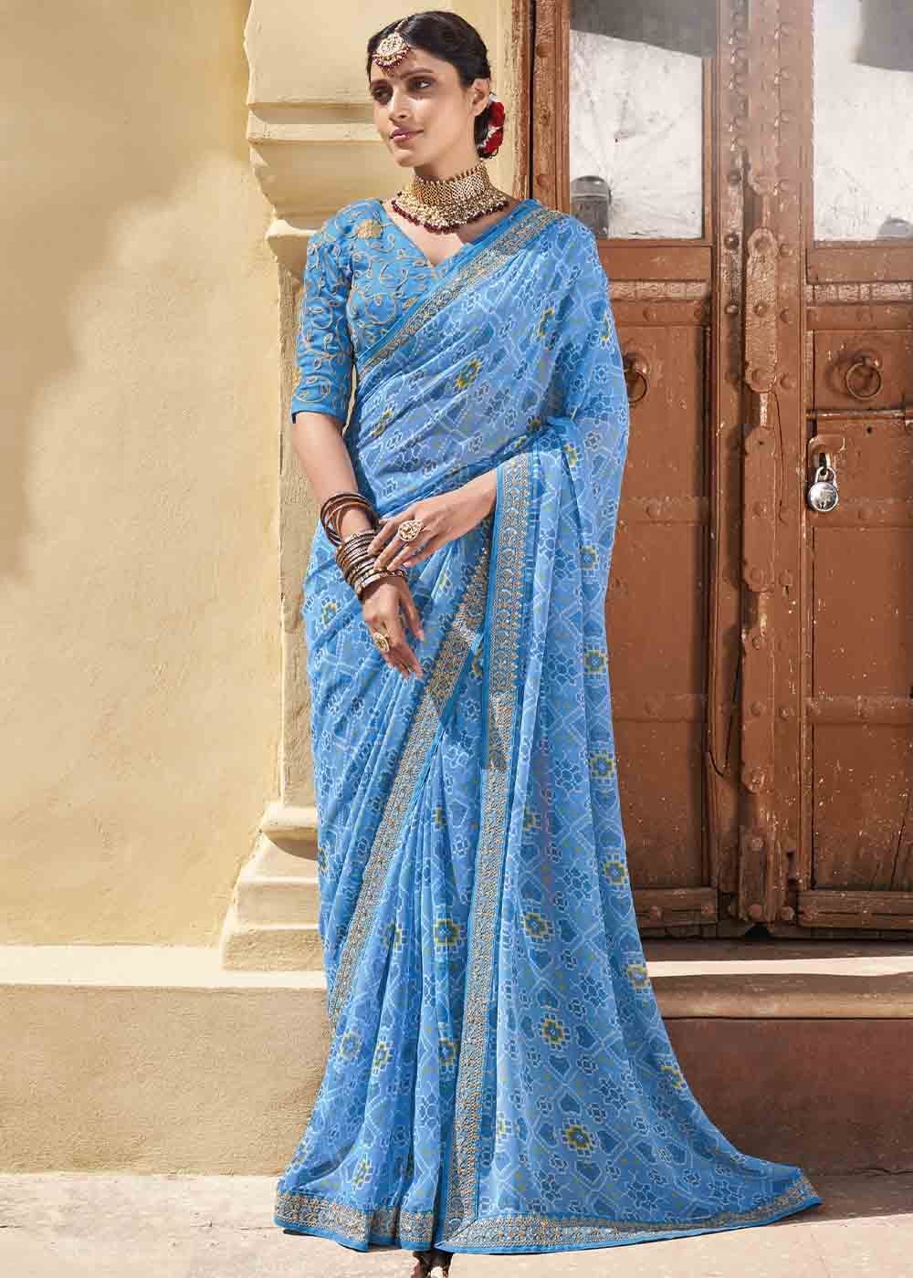 Buy MySilkLove Danube Blue Patola Print Georgette Saree With Embroidered Blouse Online