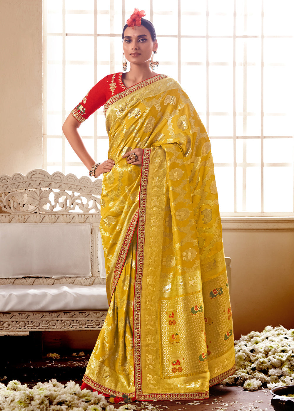 Buy MySilkLove Tree Yellow and Red Banarasi Saree with Designer Blouse Online