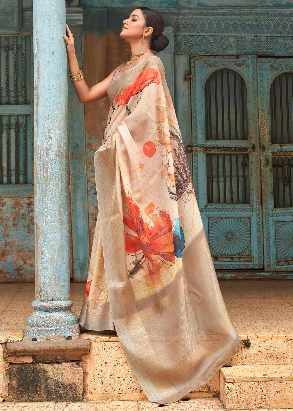 Buy MySilkLove Dairy Light Brown Floral Printed Linen Silk Saree Online