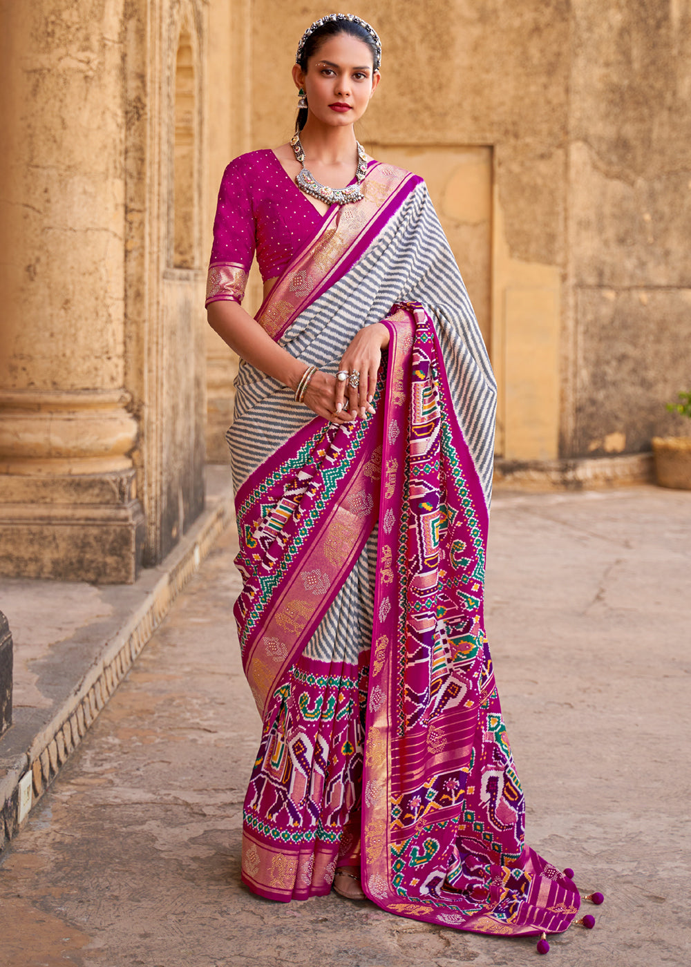 Buy MySilkLove Mulberry White and Pink Zari Woven Patola Saree Online