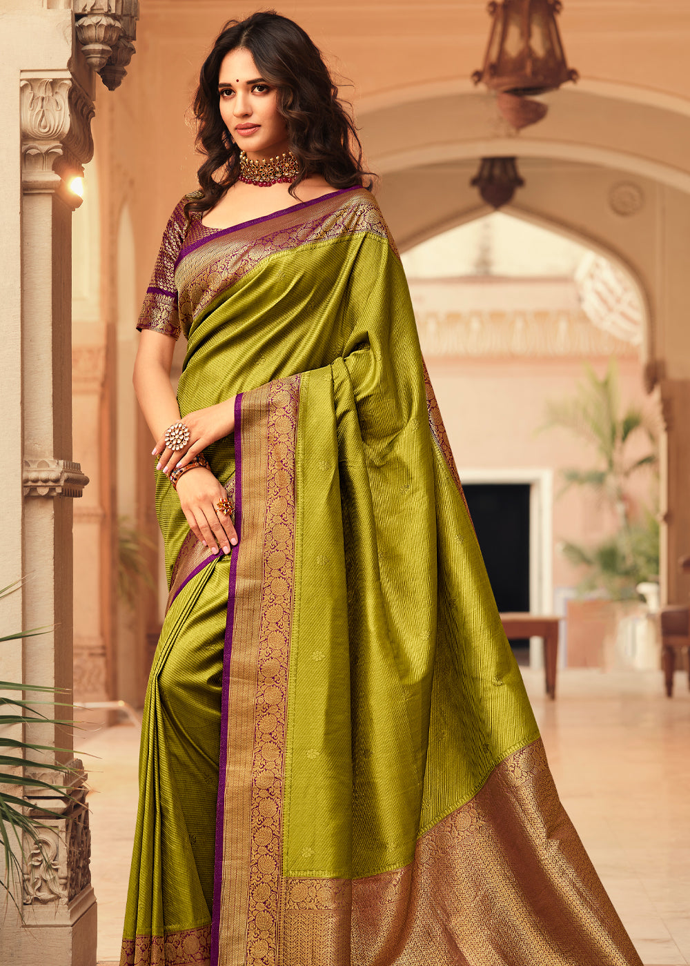 Buy MySilkLove Green and Purple Zari Woven Kanjivaram Saree Online