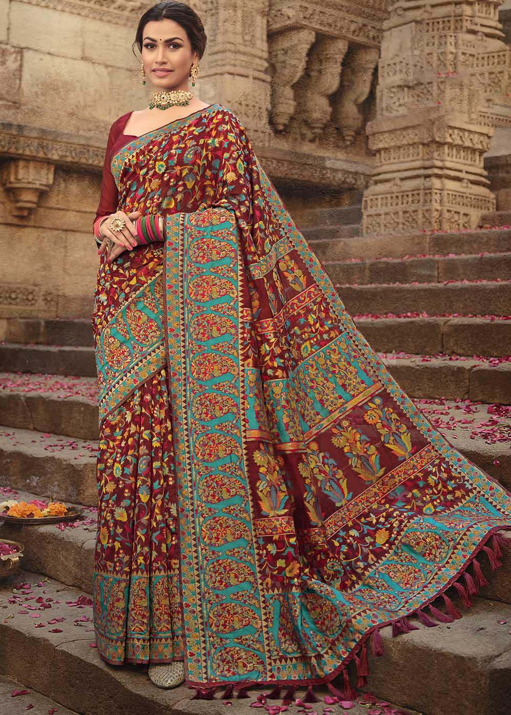 Buy MySilkLove Stiletto Brown Red Zari Woven Banarasi Kora Silk Saree Online