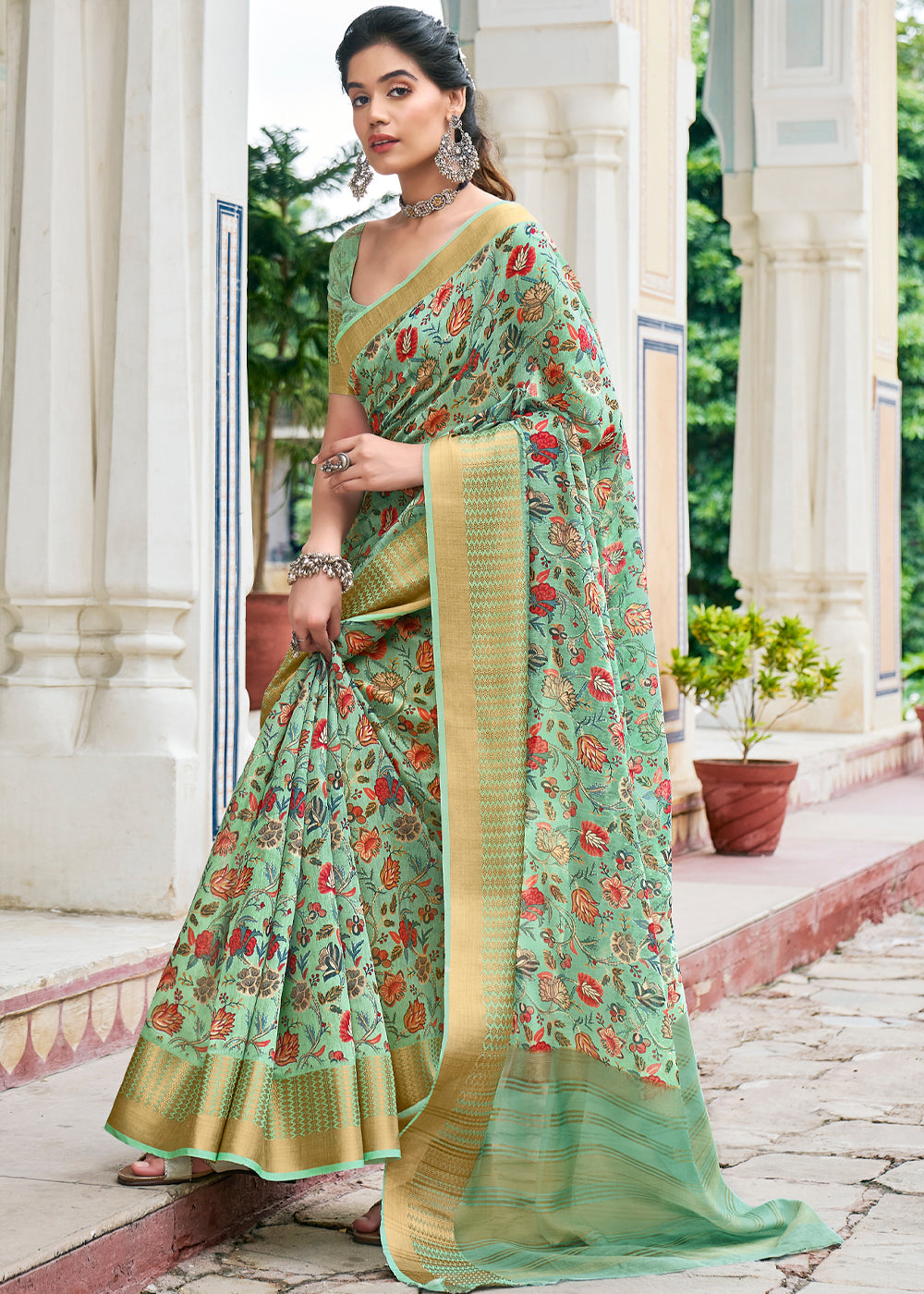 Buy MySilkLove Spring Rain Green Banarasi Printed Saree Online