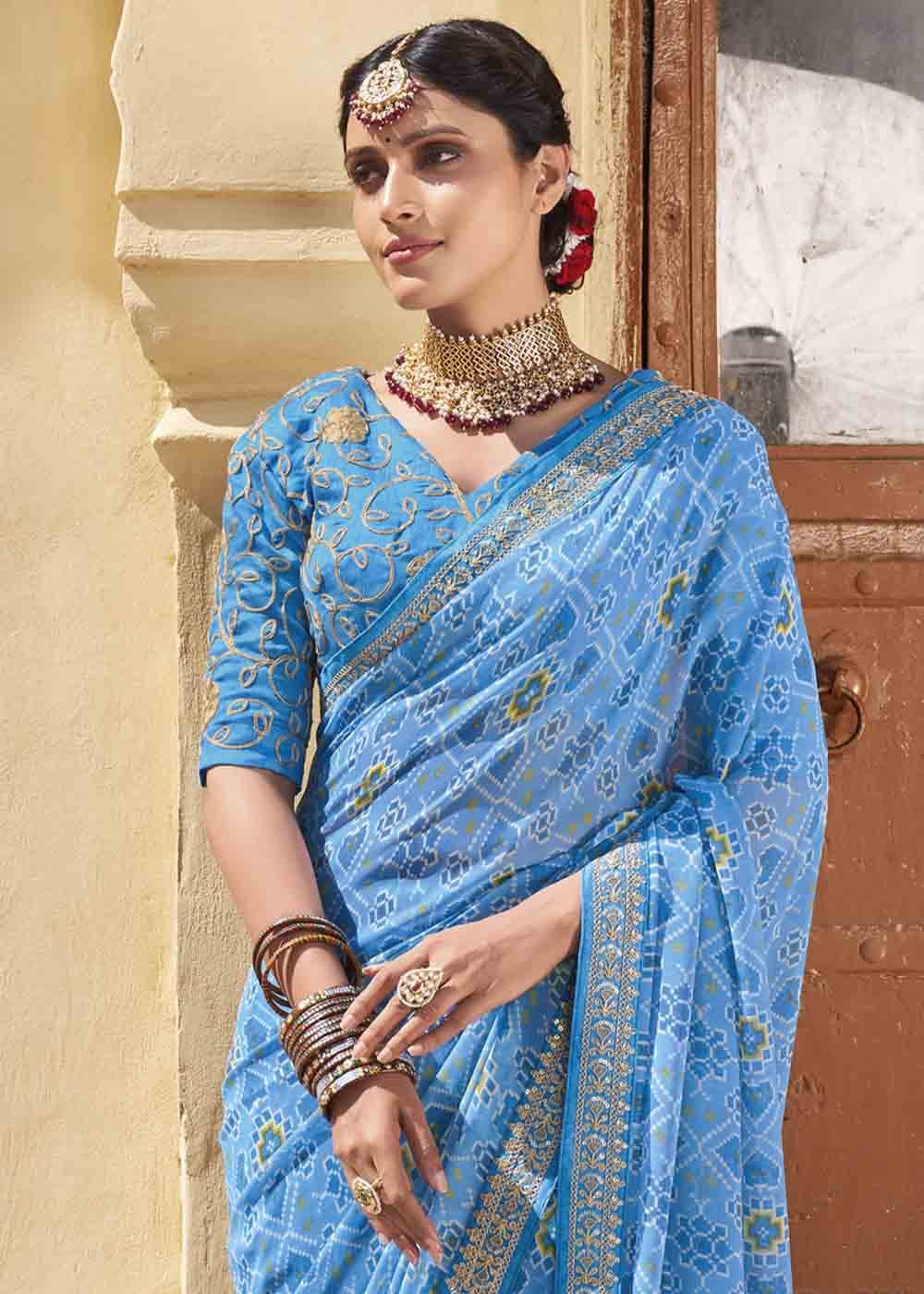 MySilkLove Danube Blue Patola Print Georgette Saree With Embroidered Blouse