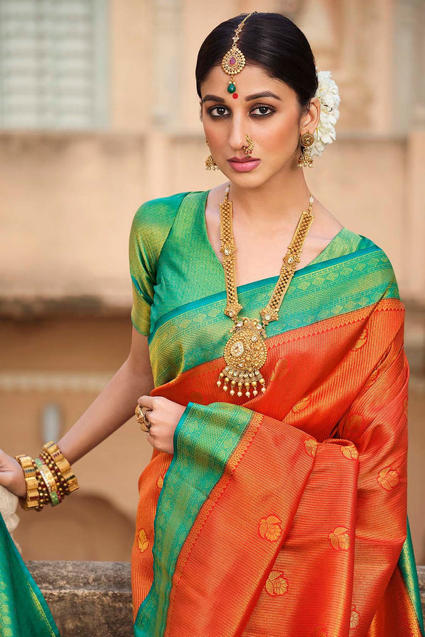 Buy MySilkLove Sunset Orange and Blue Zari Woven Kanjivaram Saree Online