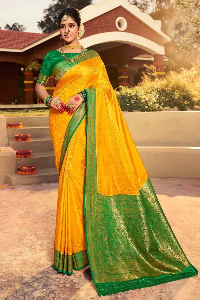 Buy MySilkLove Fuel Yellow Zari Woven Kanjivaram Saree Online