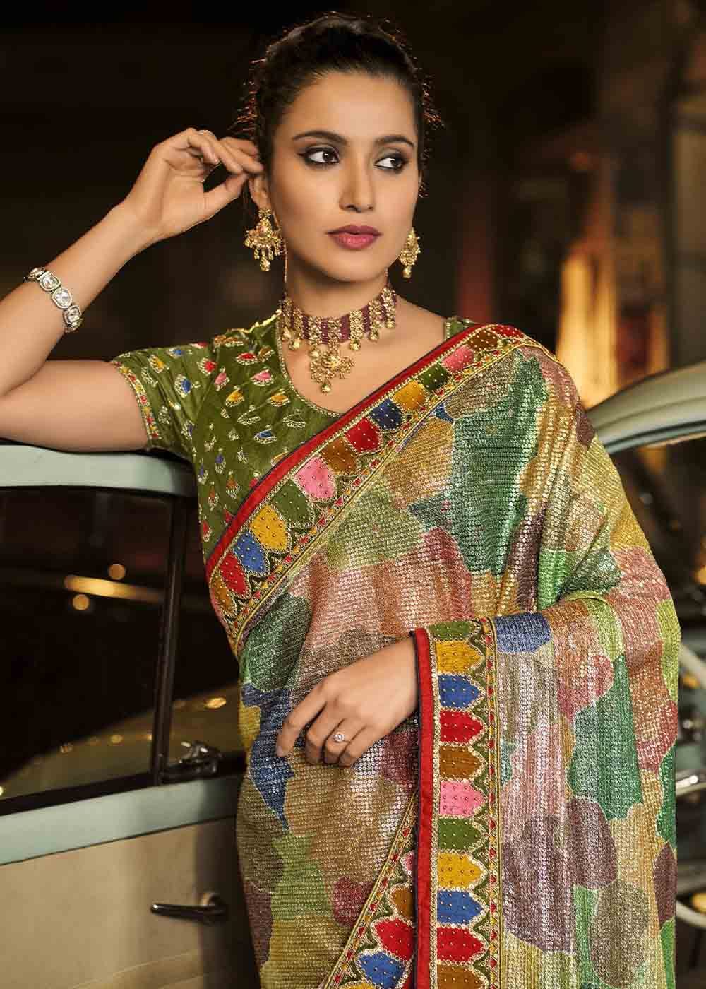 MySilkLove Mongoose Green and Brown Heavy Work Designer Net Saree