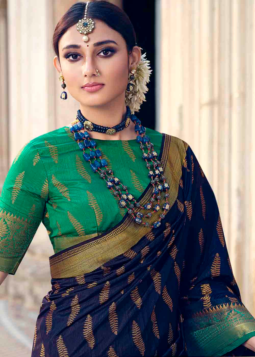 Buy MySilkLove Martinique Blue and Green Zari Woven Banarasi Raw Silk Saree Online