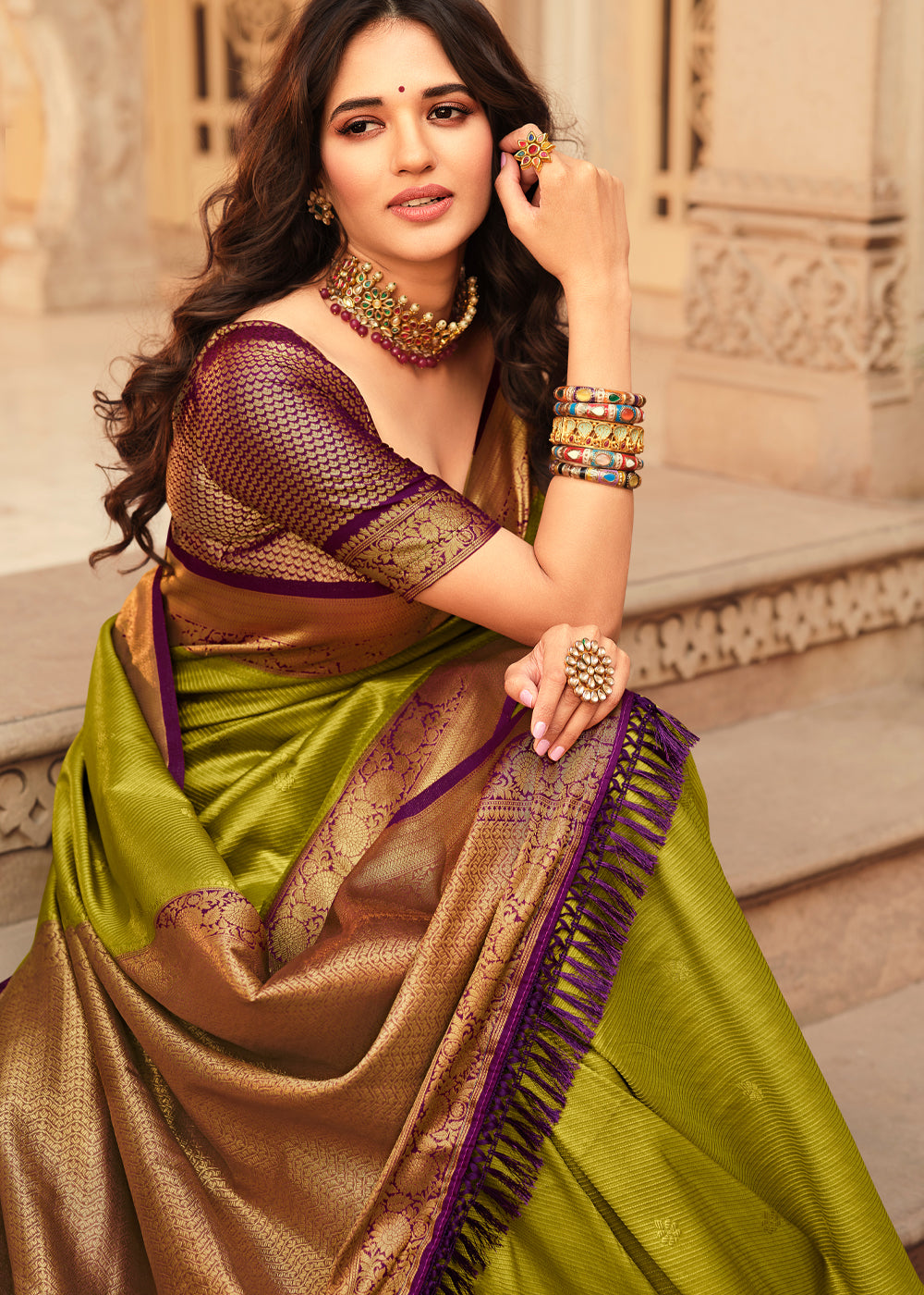 Buy MySilkLove Green and Purple Zari Woven Kanjivaram Saree Online