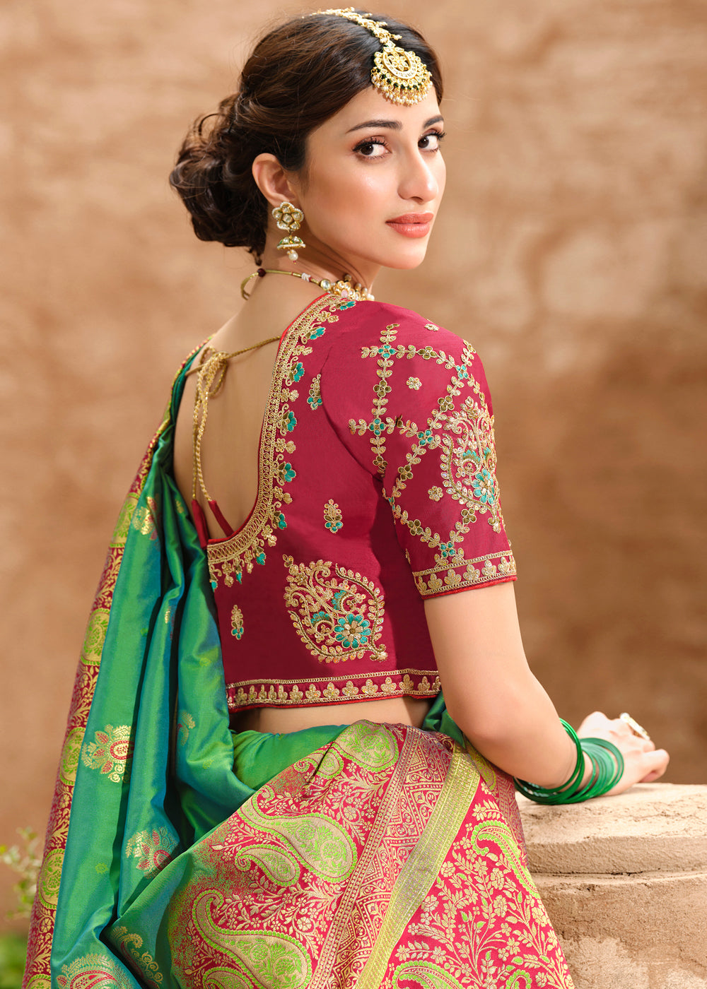 Buy MySilkLove Silver Tree Green and Pink Woven Designer Banarasi Silk Saree Online