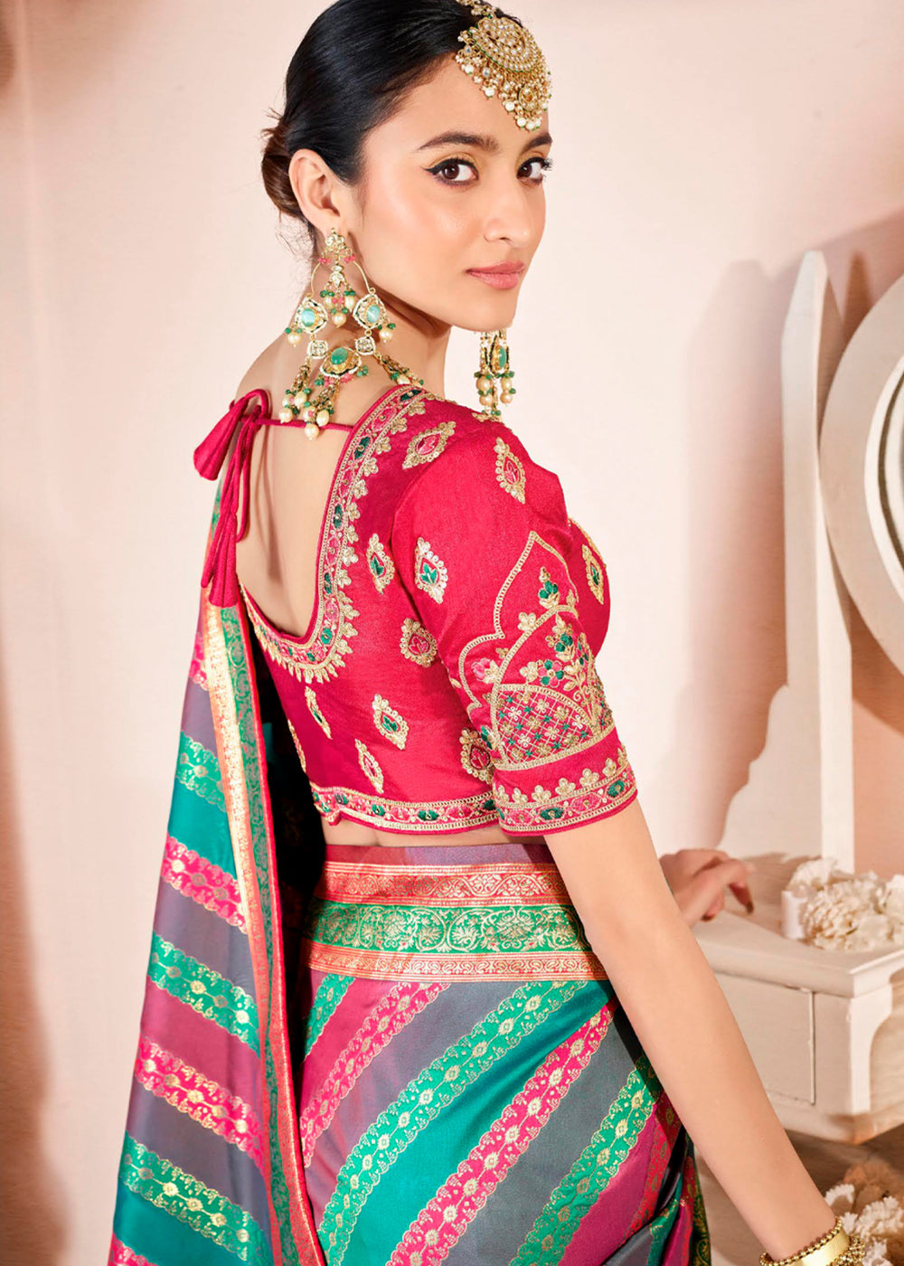 Buy MySilkLove Pine Pink and Green Zari Woven Banarasi Saree with Designer Blouse Online